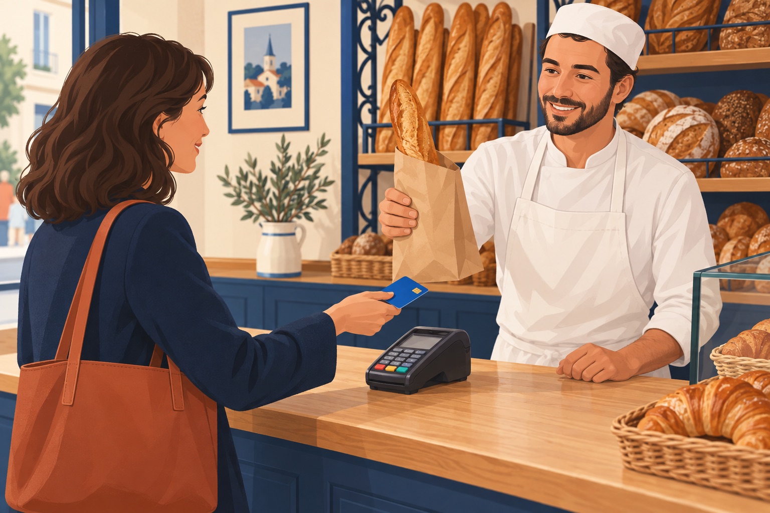 Une scène illustrée à la boulangerie pour pratiquer le français.